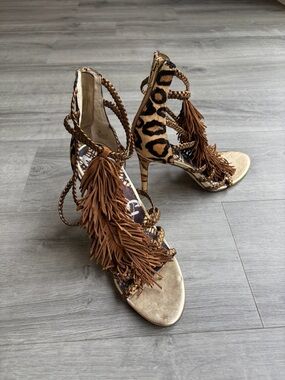 NWOT Sam Edelman Cheetah Print Fringe Heels Size 8M | Boho Glam Y2K Statement